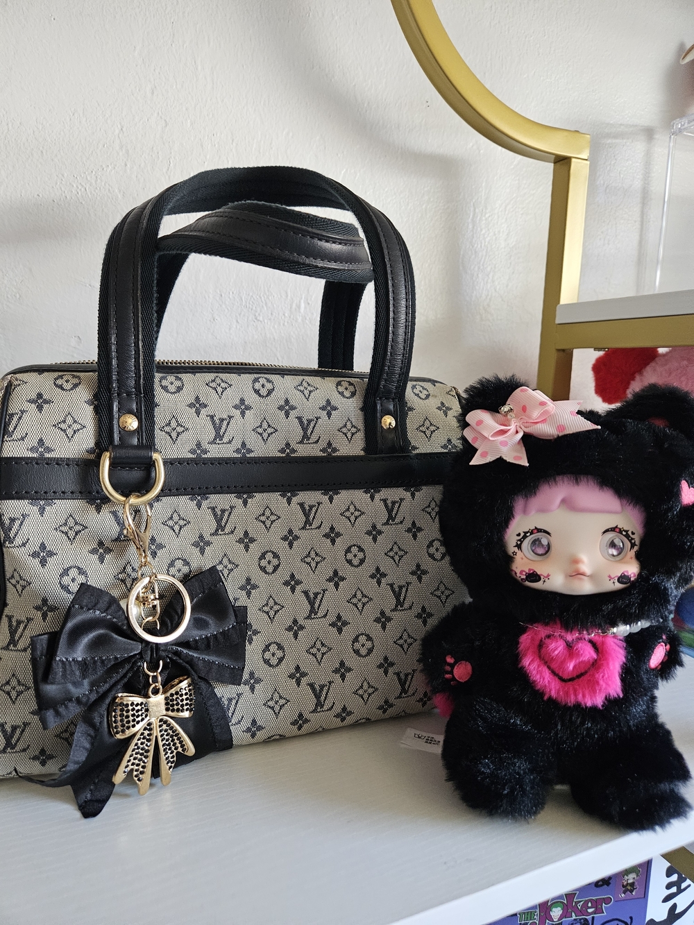 Louis Vuitton Cream Monogram Satchel with Black Trim and Bow Charm